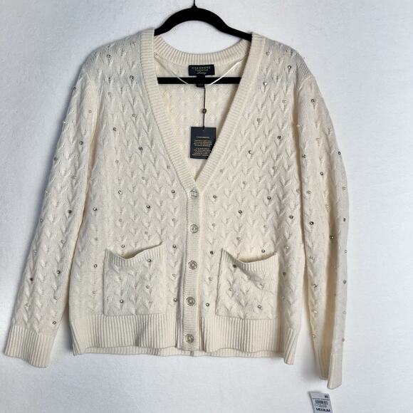 Charter Club Luxury Cashmere Embellished Cardigan, Woman Size M, Ivory White - Picture 2 of 12